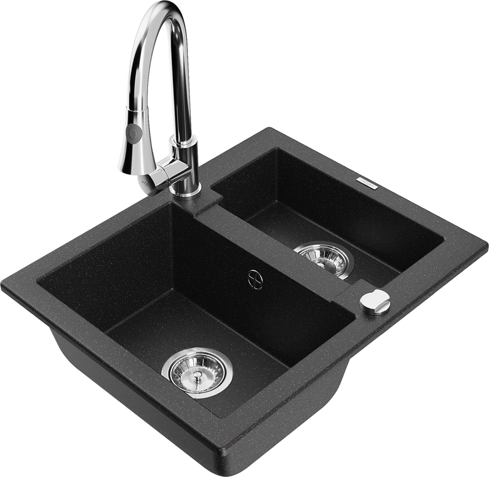 Granitinė virtuvinė plautuvė Mexen Carlos su maišytuvu ir sifonu, Metallic juodas/sidabrinis+Chrome