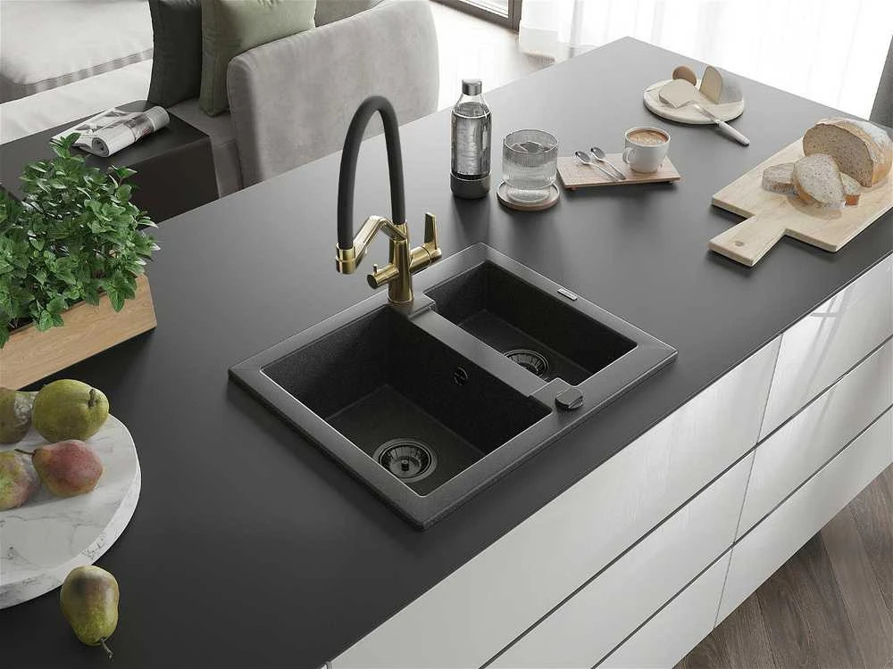 Granitinė virtuvinė plautuvė Mexen Carlos su maišytuvu ir sifonu, Juodas granite+Juodas/Gold