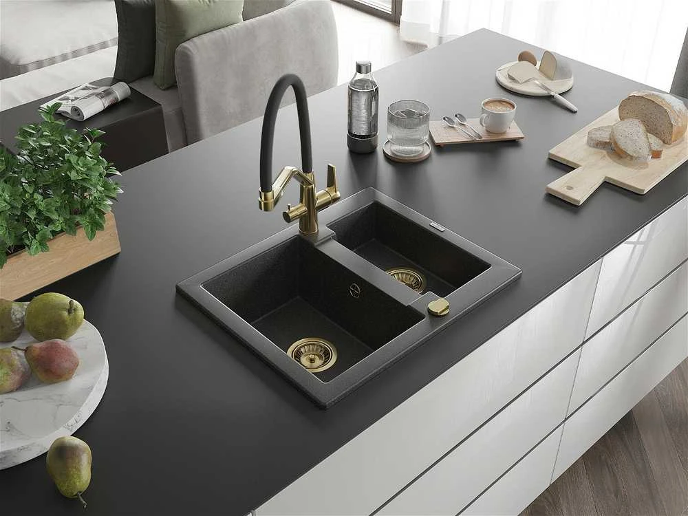 Granitinė virtuvinė plautuvė Mexen Carlos su maišytuvu ir sifonu, Juodas granite+Juodas/Gold