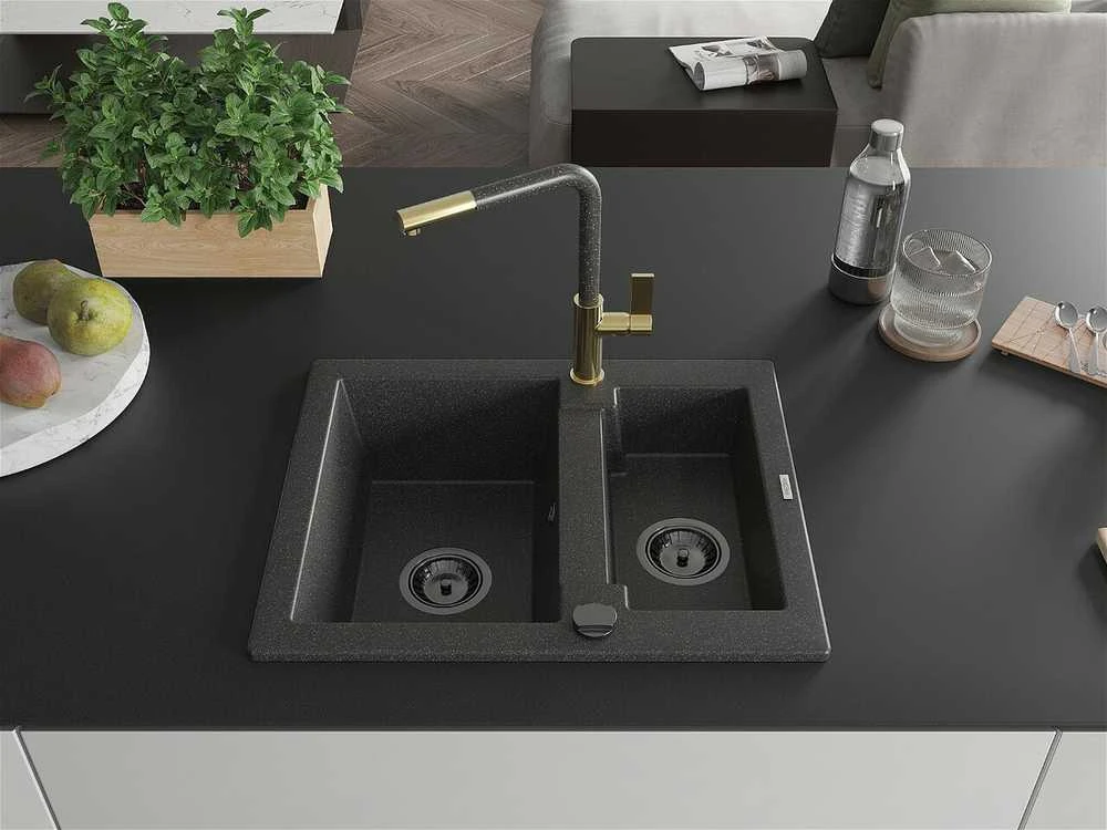 Granitinė virtuvinė plautuvė Mexen Carlos su maišytuvu ir sifonu, Juodas granite+Juodas/Gold