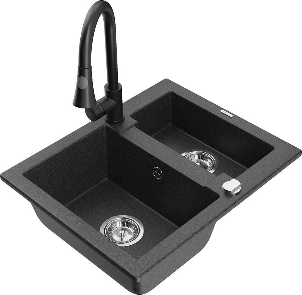 Granitinė virtuvinė plautuvė Mexen Carlos su maišytuvu ir sifonu, Juodas granite+Juodas