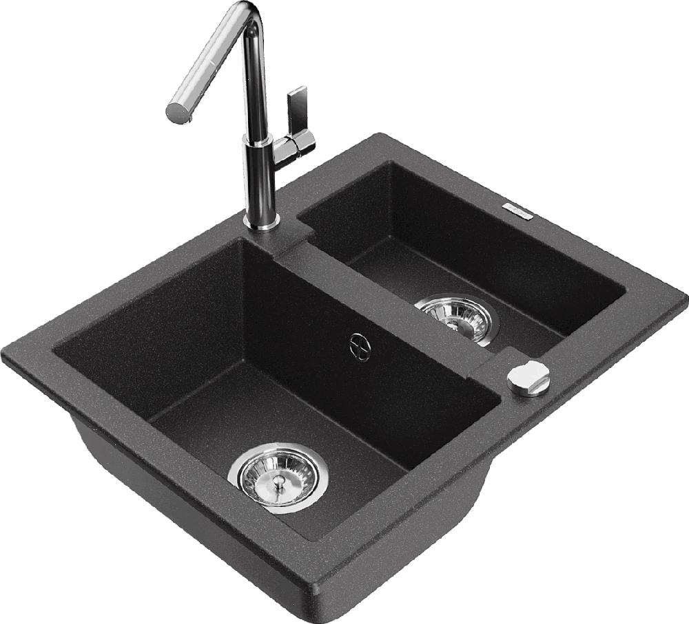 Granitinė virtuvinė plautuvė Mexen Carlos su maišytuvu ir sifonu, Juodas granite+Chrome