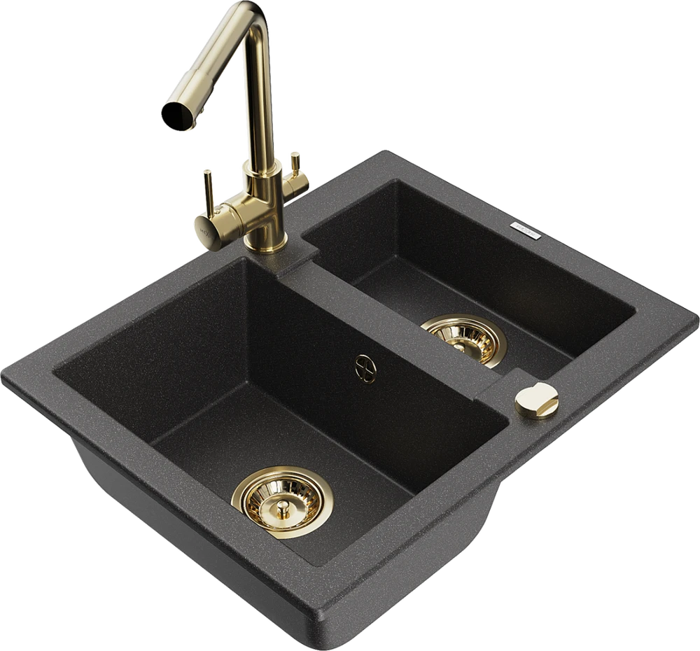 Granitinė virtuvinė plautuvė Mexen Carlos su maišytuvu ir sifonu, Juodas granite+Gold