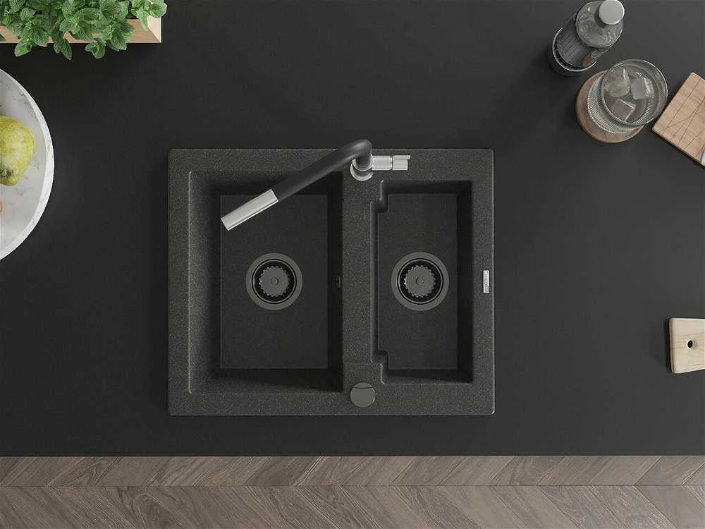 Granitinė virtuvinė plautuvė Mexen Carlos su maišytuvu ir sifonu, Juodas granite+Juodas/Chrome