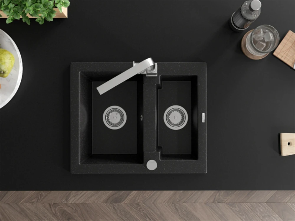 Granitinė virtuvinė plautuvė Mexen Carlos su maišytuvu ir sifonu, Metallic juodas/sidabrinis+Chrome