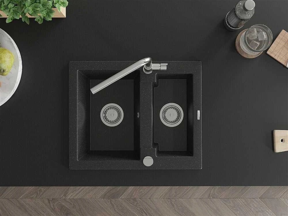 Granitinė virtuvinė plautuvė Mexen Carlos su maišytuvu ir sifonu, Metallic juodas/sidabrinis+Chrome