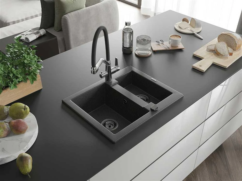Granitinė virtuvinė plautuvė Mexen Carlos su maišytuvu ir sifonu, Juodas granite+Juodas/Chrome