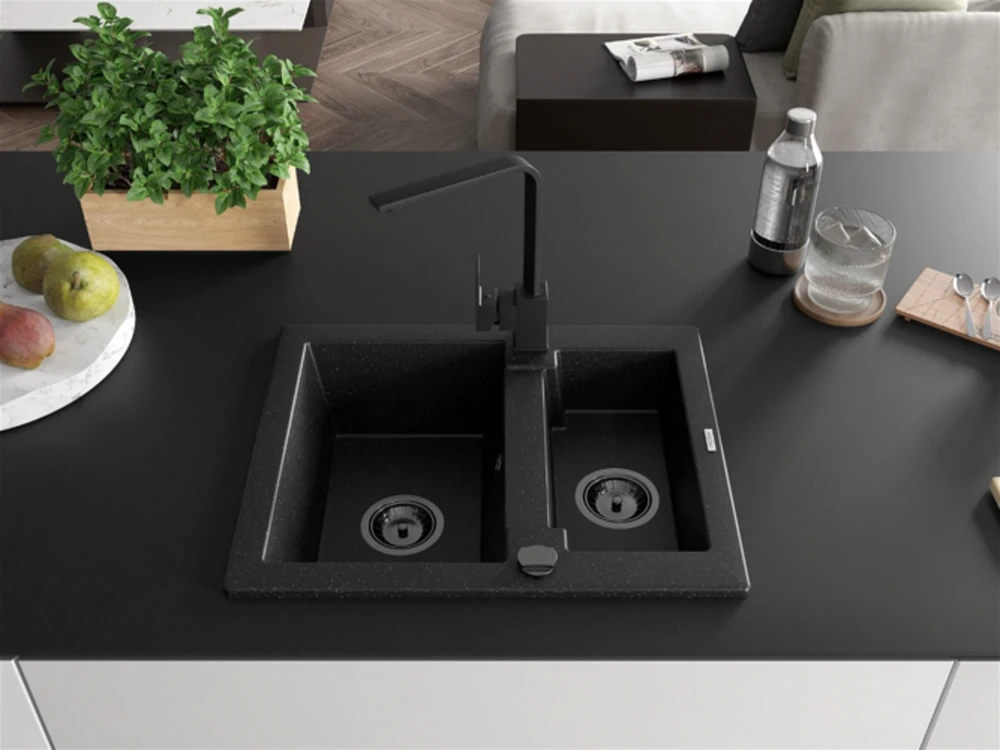 Granitinė virtuvinė plautuvė Mexen Carlos su maišytuvu ir sifonu, Metallic juodas/sidabrinis+Juodas