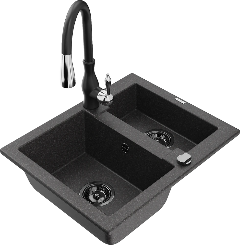Granitinė virtuvinė plautuvė Mexen Carlos su maišytuvu ir sifonu, Juodas granite+Juodas
