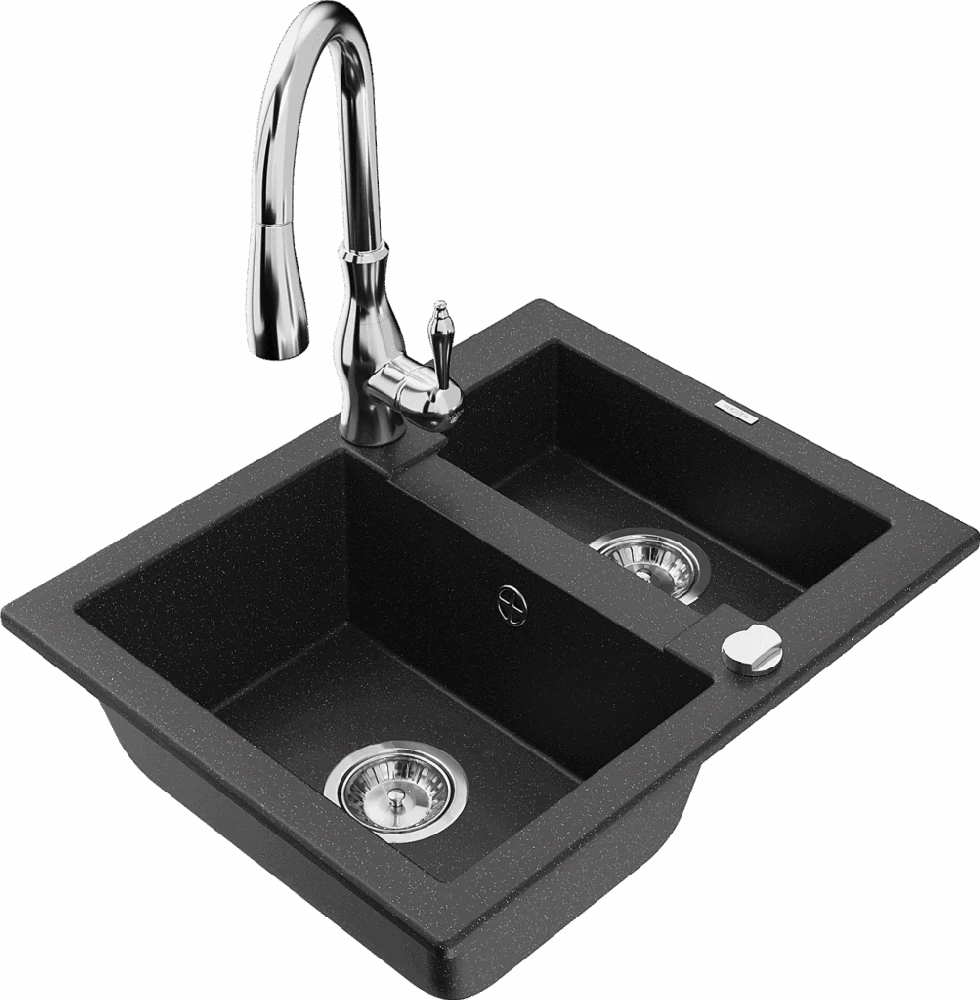 Granitinė virtuvinė plautuvė Mexen Carlos su maišytuvu ir sifonu, Metallic juodas/sidabrinis+Chrome