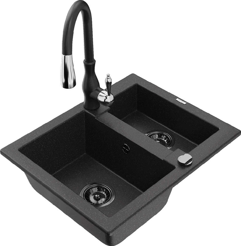 Granitinė virtuvinė plautuvė Mexen Carlos su maišytuvu ir sifonu, Metallic juodas/sidabrinis+Juodas