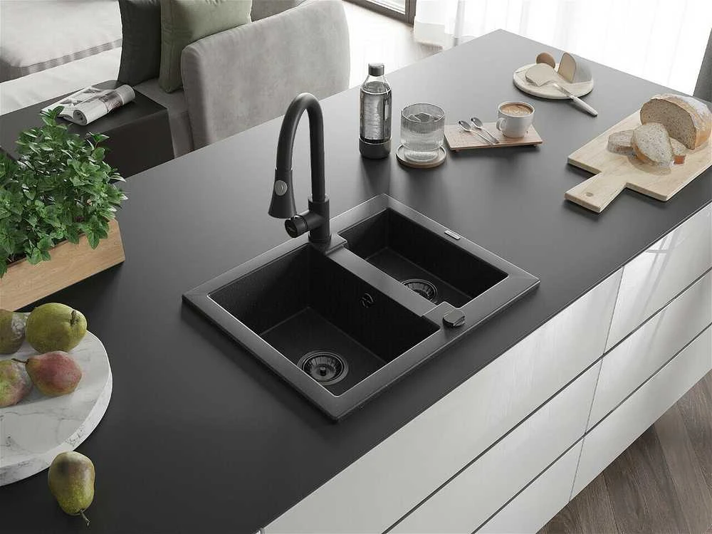 Granitinė virtuvinė plautuvė Mexen Carlos su maišytuvu ir sifonu, Metallic juodas/sidabrinis+Juodas
