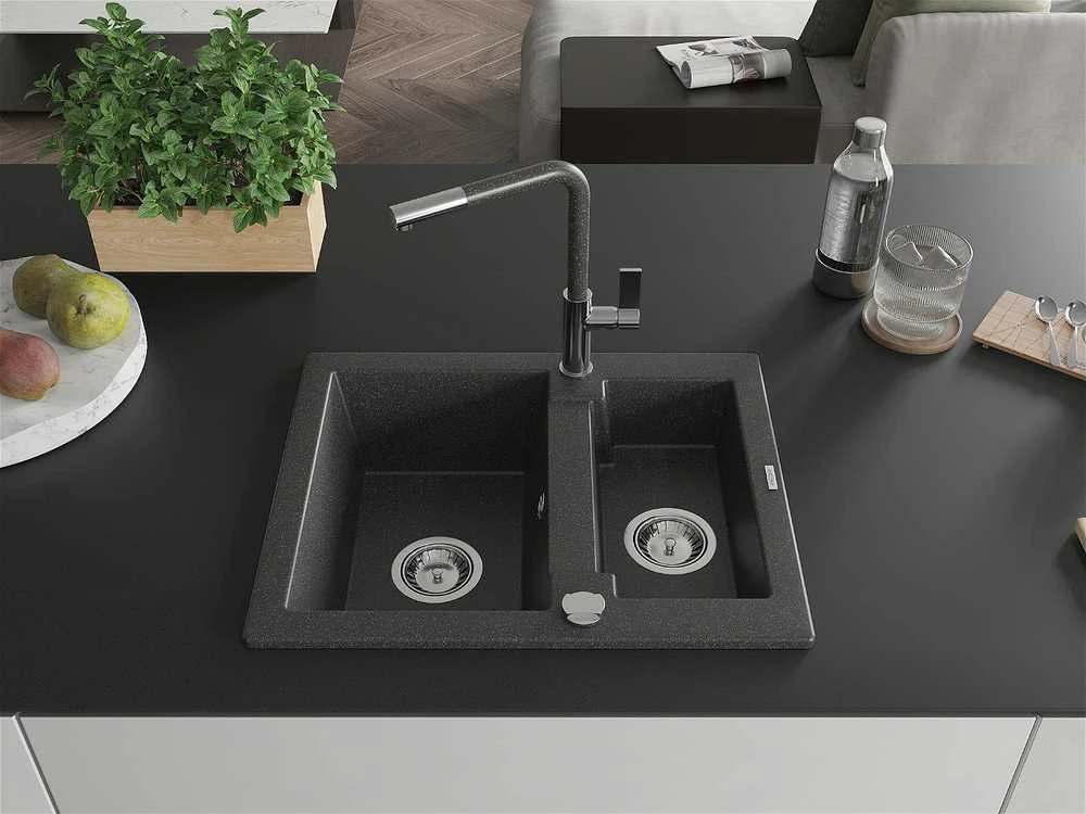 Granitinė virtuvinė plautuvė Mexen Carlos su maišytuvu ir sifonu, Juodas granite+Juodas/Chrome