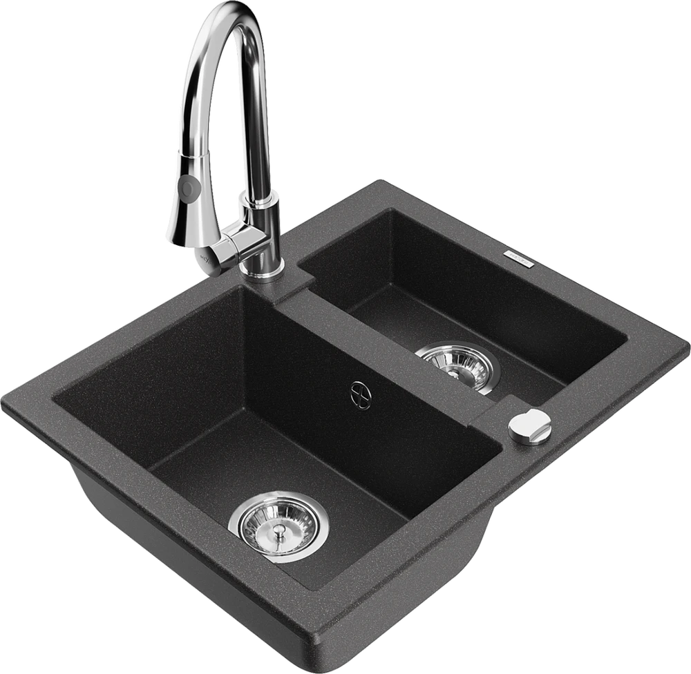 Granitinė virtuvinė plautuvė Mexen Carlos su maišytuvu ir sifonu, Juodas granite+Chrome