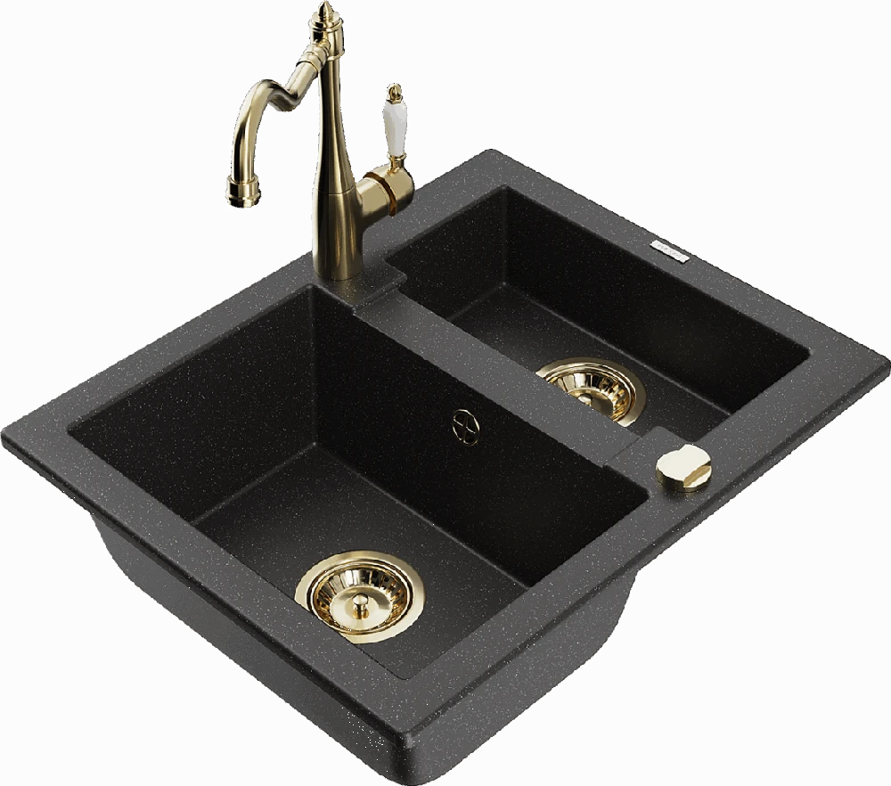 Granitinė virtuvinė plautuvė Mexen Carlos su maišytuvu ir sifonu, Metallic juodas/sidabrinis+Gold