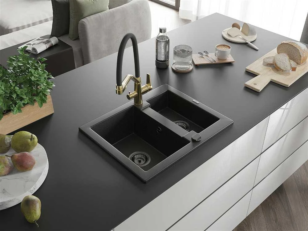 Granitinė virtuvinė plautuvė Mexen Carlos su maišytuvu ir sifonu, Metallic juodas/sidabrinis+Juodas/Gold