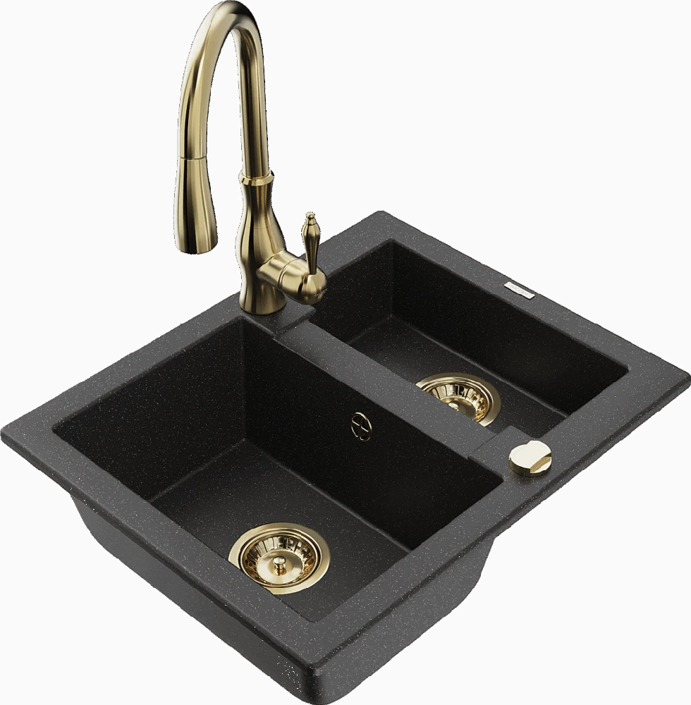 Granitinė virtuvinė plautuvė Mexen Carlos su maišytuvu ir sifonu, Metallic juodas/sidabrinis+Gold