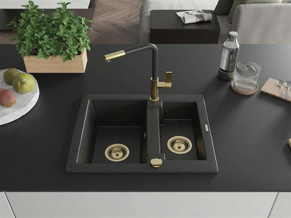 Granitinė virtuvinė plautuvė Mexen Carlos su maišytuvu ir sifonu, Metallic juodas/sidabrinis+Juodas/Gold