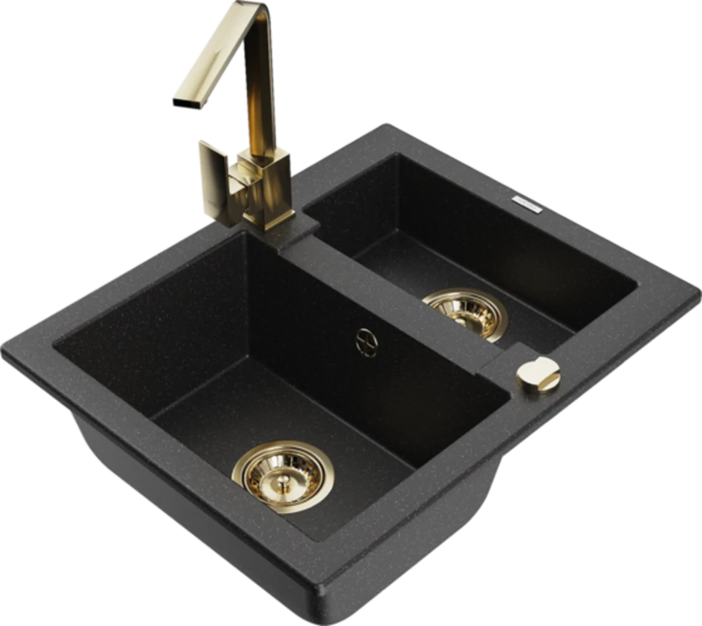 Granitinė virtuvinė plautuvė Mexen Carlos su maišytuvu ir sifonu, Metallic juodas/sidabrinis+Gold