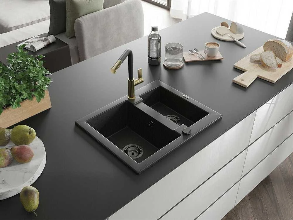 Granitinė virtuvinė plautuvė Mexen Carlos su maišytuvu ir sifonu, Metallic juodas/sidabrinis+Juodas/Gold