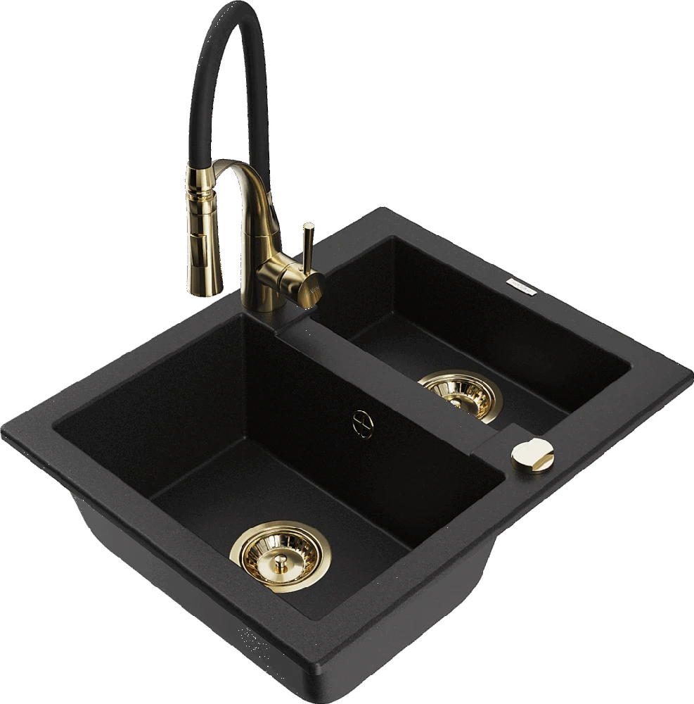Granitinė virtuvinė plautuvė Mexen Carlos su maišytuvu ir sifonu, Juodas+Juodas/Gold