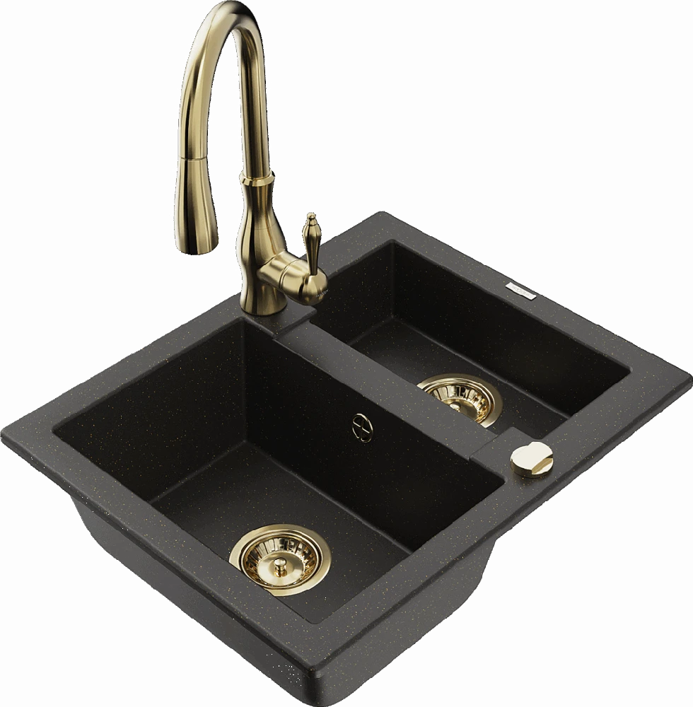 Granitinė virtuvinė plautuvė Mexen Carlos su maišytuvu ir sifonu, Metallic juodas/auksinis+Gold