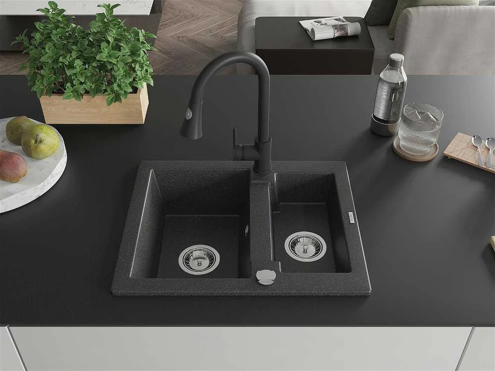 Granitinė virtuvinė plautuvė Mexen Carlos su maišytuvu ir sifonu, Juodas granite+Juodas