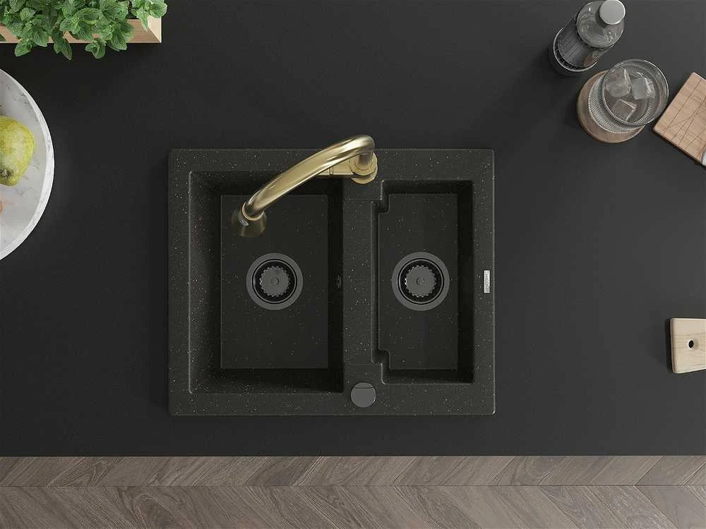 Granitinė virtuvinė plautuvė Mexen Carlos su maišytuvu ir sifonu, Metallic juodas/auksinis+Gold