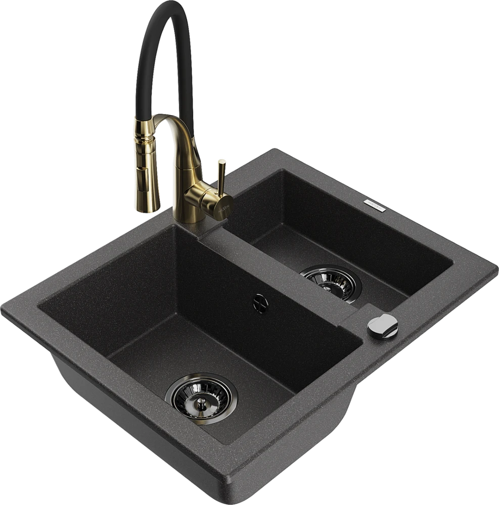 Granitinė virtuvinė plautuvė Mexen Carlos su maišytuvu ir sifonu, Juodas granite+Juodas/Gold