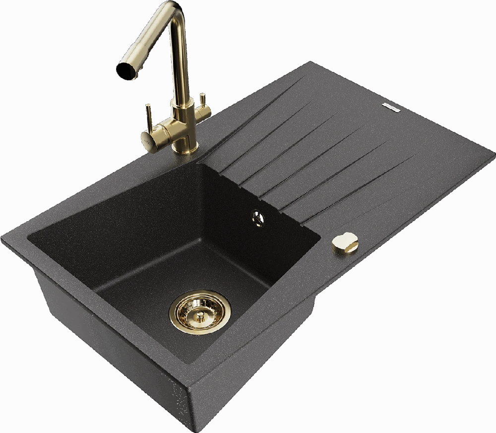 Granitinė virtuvinė plautuvė Mexen Cesar su maišytuvu ir sifonu, Juodas granite+Gold