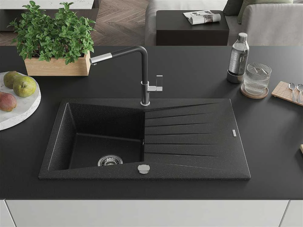 Granitinė virtuvinė plautuvė Mexen Cesar su maišytuvu ir sifonu, Metallic juodas/sidabrinis+Juodas/Chrome