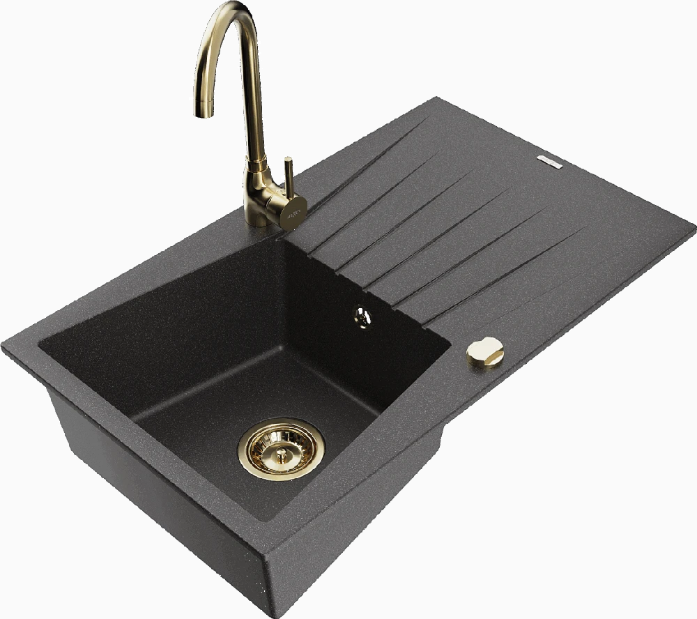 Granitinė virtuvinė plautuvė Mexen Cesar su maišytuvu ir sifonu, Juodas granite+Gold