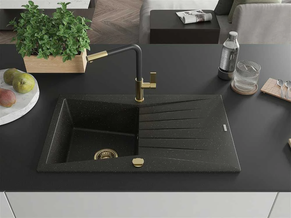 Granitinė virtuvinė plautuvė Mexen Cesar su maišytuvu ir sifonu, Metallic juodas/auksinis+Juodas/Gold