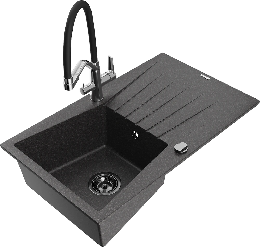 Granitinė virtuvinė plautuvė Mexen Cesar su maišytuvu ir sifonu, Juodas granite+Juodas/Chrome