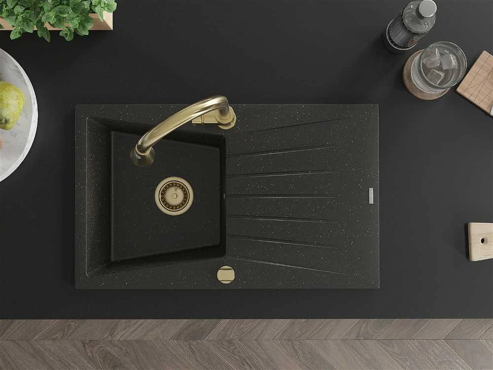 Granitinė virtuvinė plautuvė Mexen Cesar su maišytuvu ir sifonu, Metallic juodas/auksinis+Gold