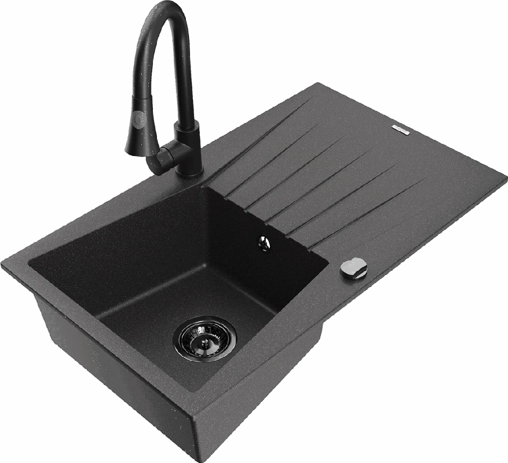 Granitinė virtuvinė plautuvė Mexen Cesar su maišytuvu ir sifonu, Juodas granite+Juodas
