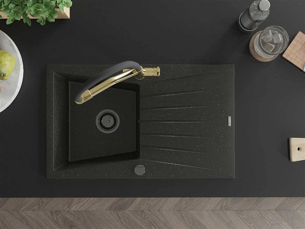 Granitinė virtuvinė plautuvė Mexen Cesar su maišytuvu ir sifonu, Metallic juodas/auksinis+Juodas/Gold
