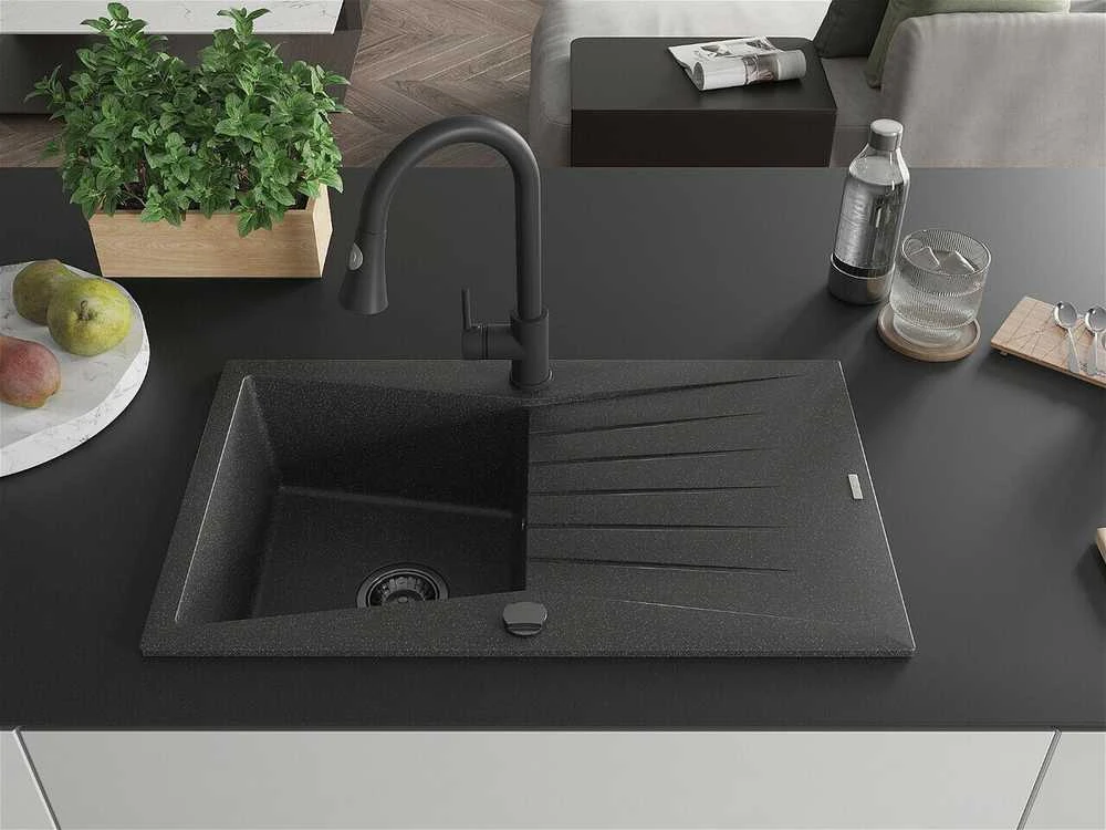 Granitinė virtuvinė plautuvė Mexen Cesar su maišytuvu ir sifonu, Juodas granite+Juodas