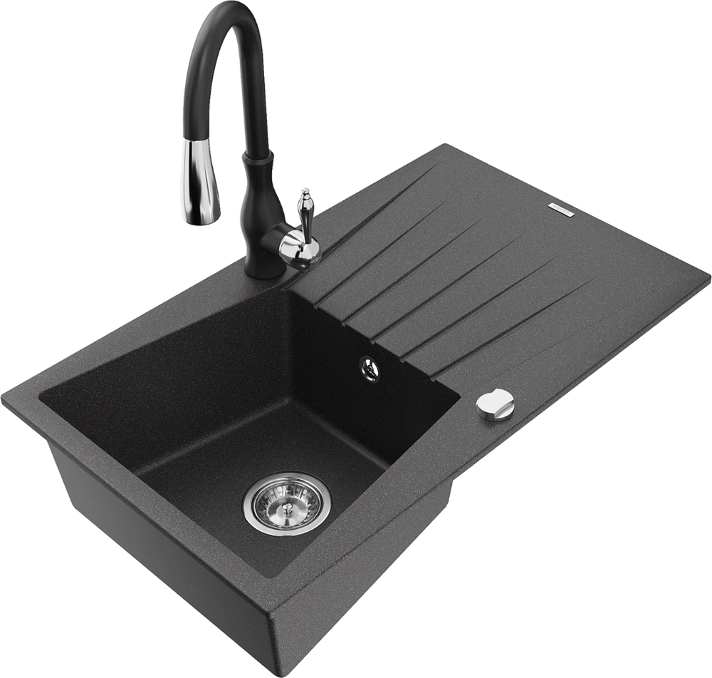Granitinė virtuvinė plautuvė Mexen Cesar su maišytuvu ir sifonu, Juodas granite+Juodas