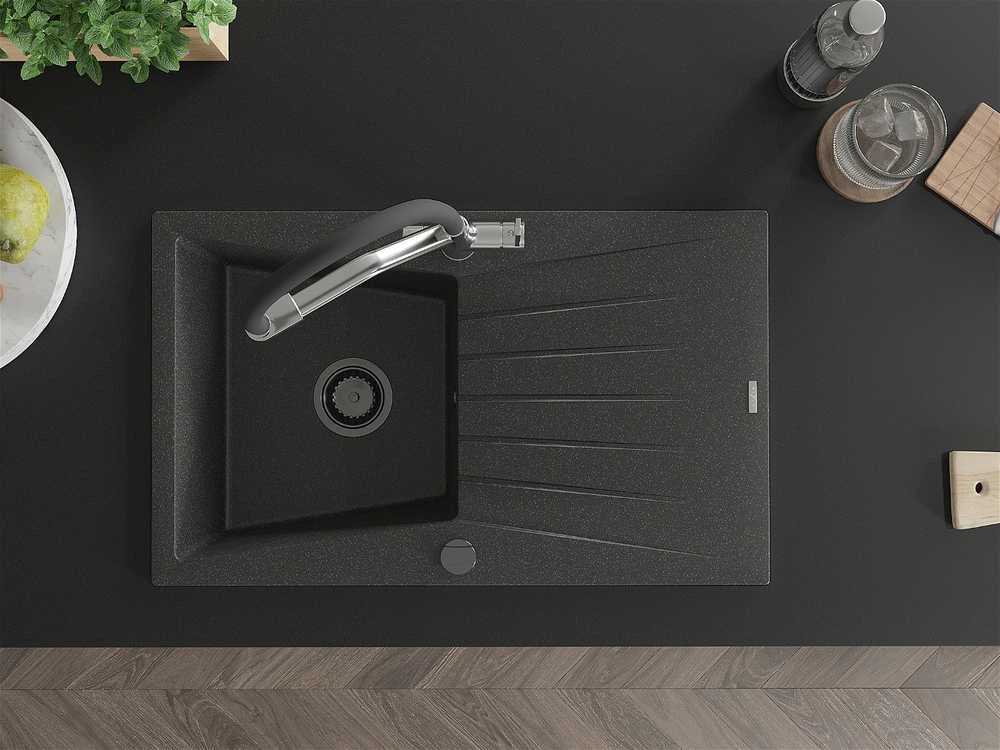 Granitinė virtuvinė plautuvė Mexen Cesar su maišytuvu ir sifonu, Juodas granite+Juodas/Chrome