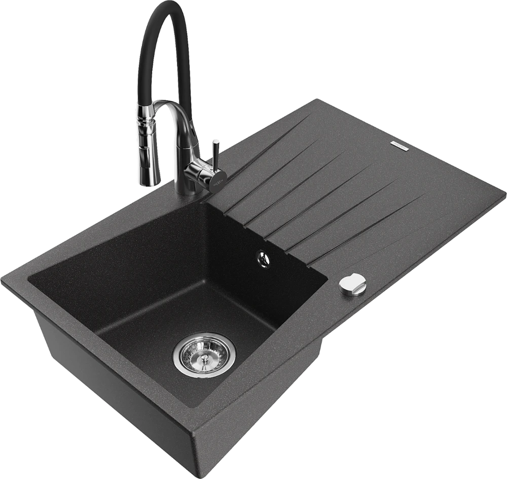 Granitinė virtuvinė plautuvė Mexen Cesar su maišytuvu ir sifonu, Juodas granite+Juodas/Chrome