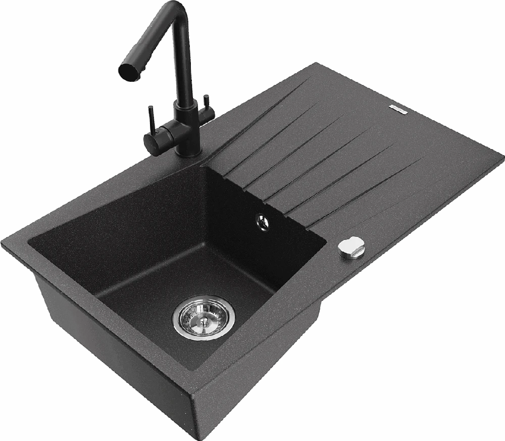 Granitinė virtuvinė plautuvė Mexen Cesar su maišytuvu ir sifonu, Juodas granite+Juodas