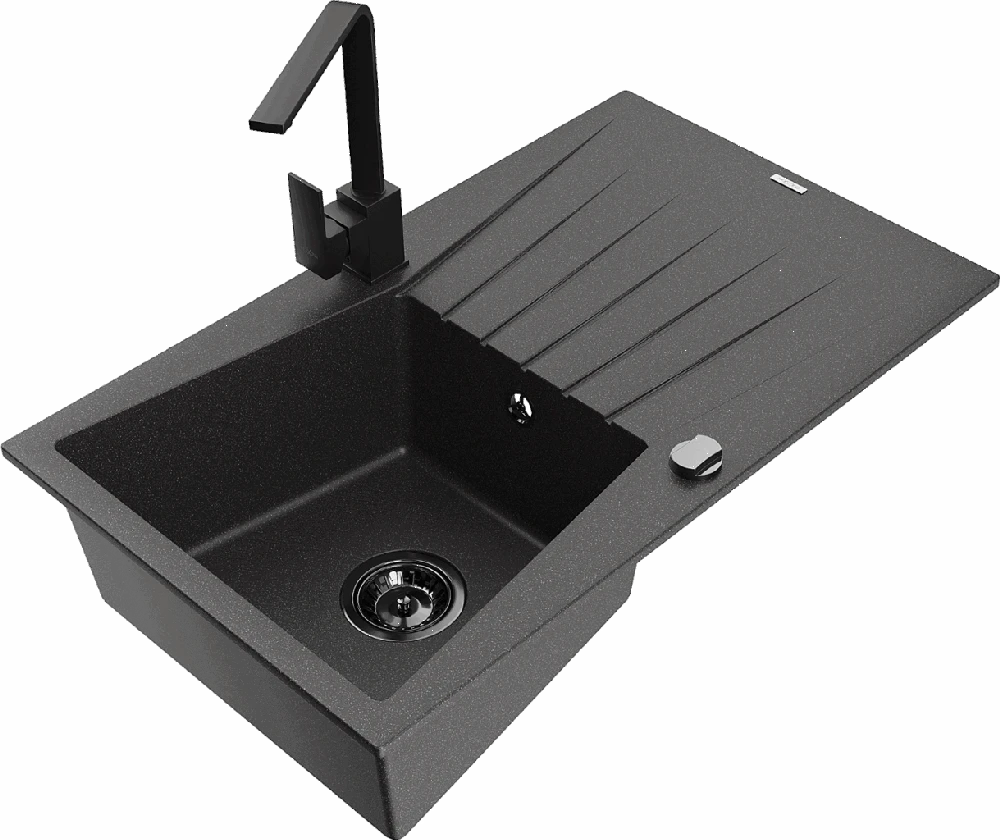Granitinė virtuvinė plautuvė Mexen Cesar su maišytuvu ir sifonu, Juodas granite+Juodas