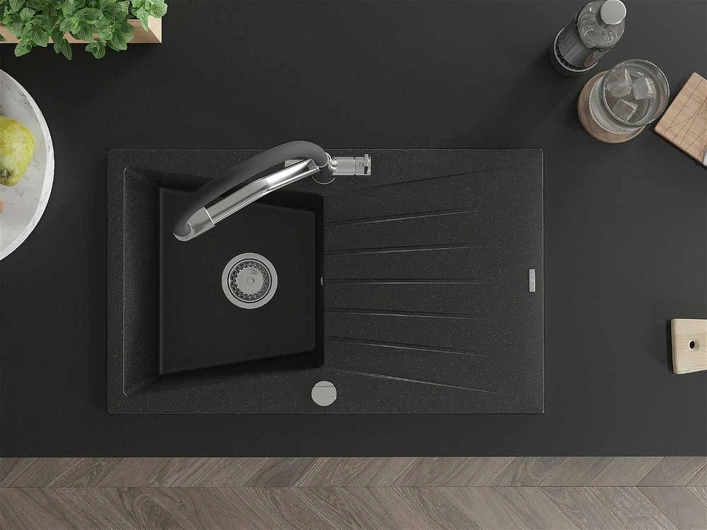 Granitinė virtuvinė plautuvė Mexen Cesar su maišytuvu ir sifonu, Metallic juodas/sidabrinis+Juodas/Chrome