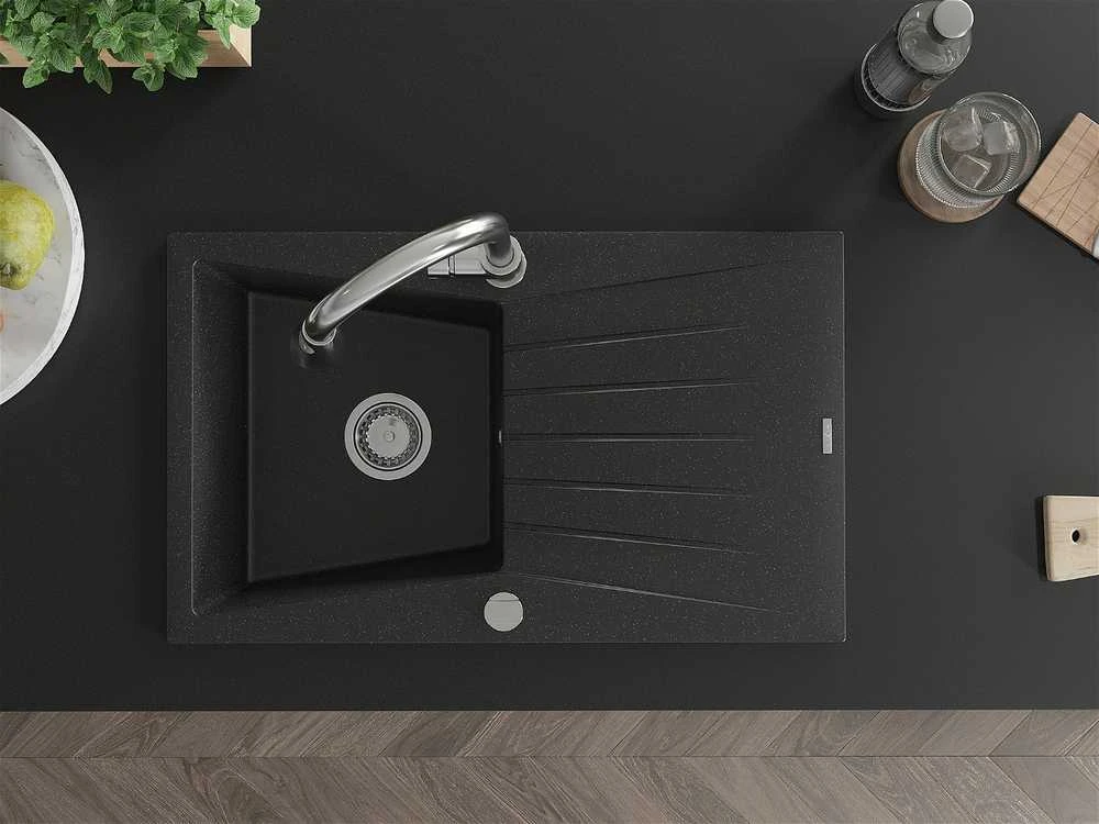 Granitinė virtuvinė plautuvė Mexen Cesar su maišytuvu ir sifonu, Metallic juodas/sidabrinis+Chrome