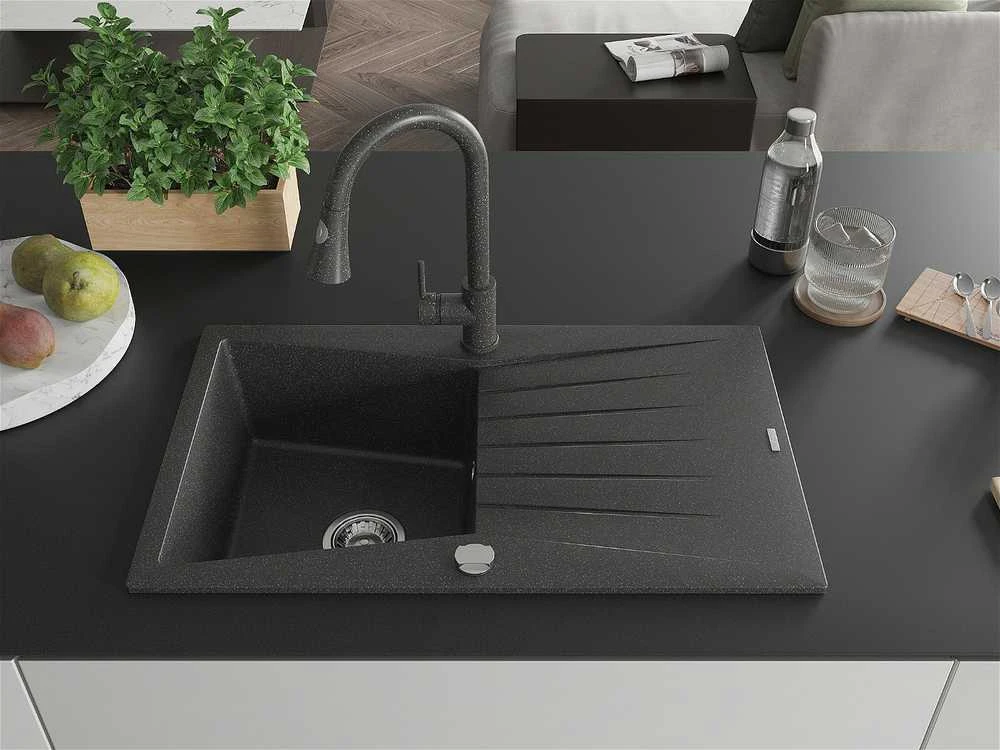 Granitinė virtuvinė plautuvė Mexen Cesar su maišytuvu ir sifonu, Juodas granite
