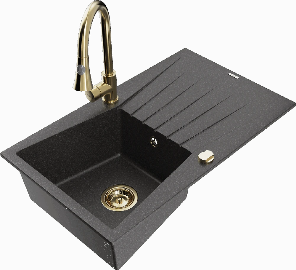 Granitinė virtuvinė plautuvė Mexen Cesar su maišytuvu ir sifonu, Juodas granite+Gold