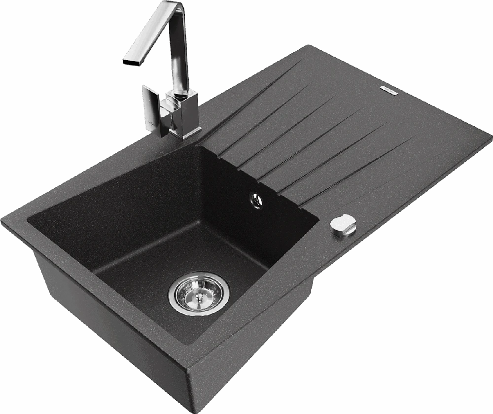 Granitinė virtuvinė plautuvė Mexen Cesar su maišytuvu ir sifonu, Juodas granite+Chrome