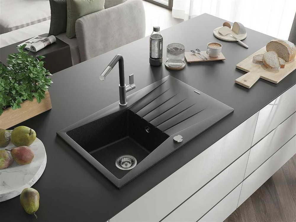 Granitinė virtuvinė plautuvė Mexen Cesar su maišytuvu ir sifonu, Metallic juodas/sidabrinis+Juodas/Chrome