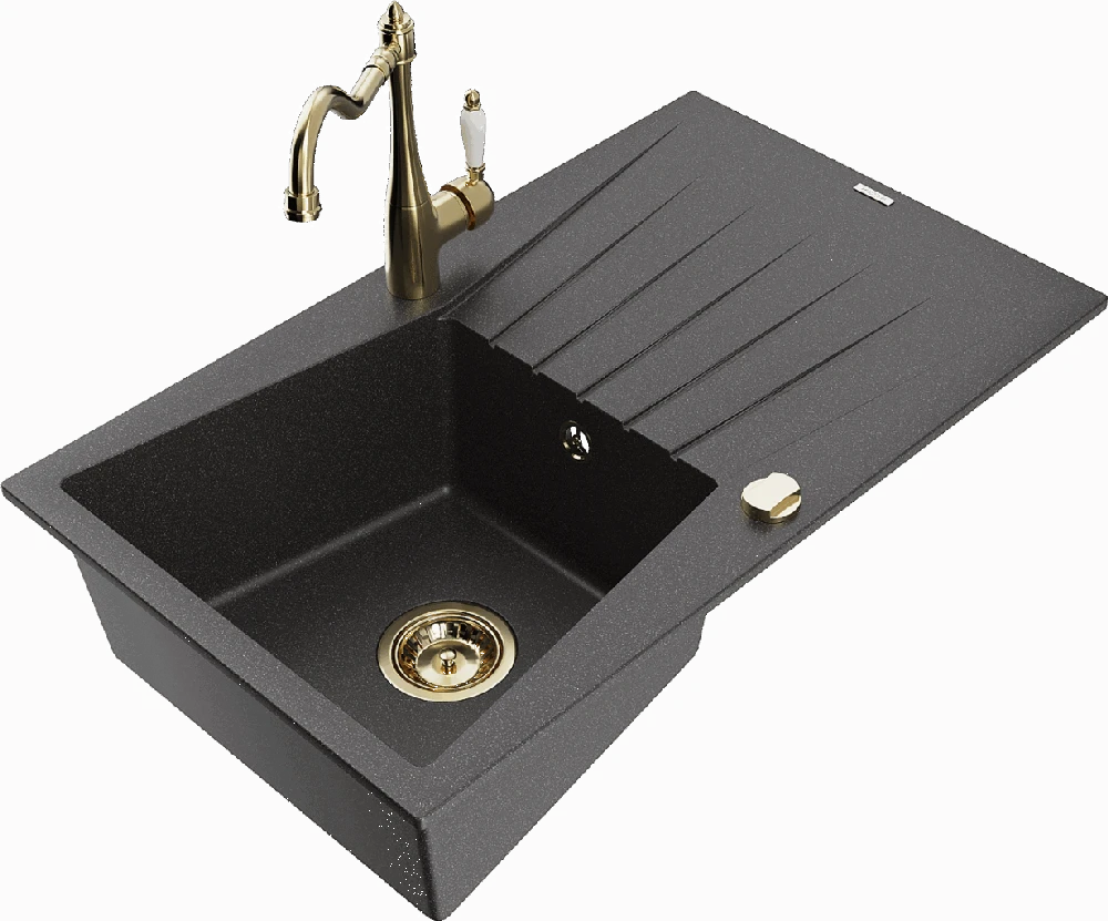 Granitinė virtuvinė plautuvė Mexen Cesar su maišytuvu ir sifonu, Juodas granite+Gold